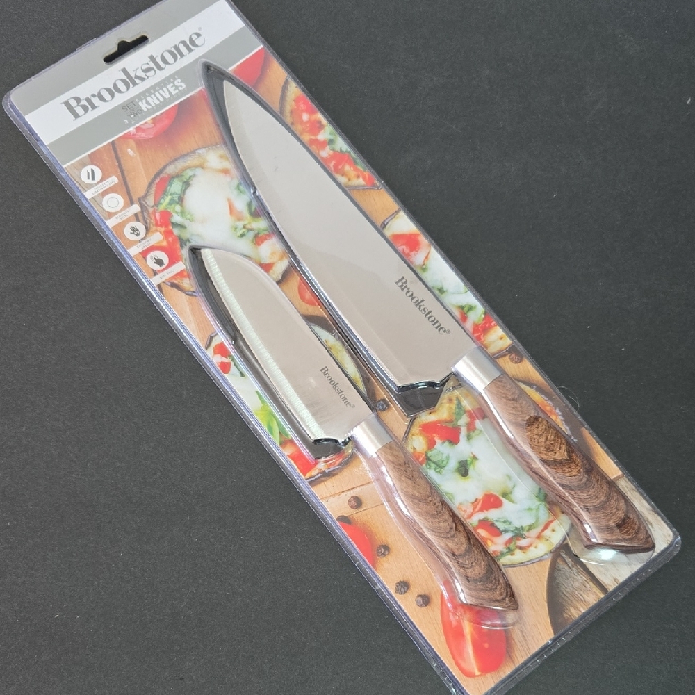 Brookstone Silver Stainless Steel Blade Brown Wood Handles Set of 2 Knives NEW